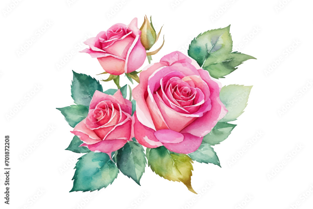 Fototapeta premium AI generated watercolor bouquet. watercolor flowers and leaves illustration for wedding, greetings, stationary, wallpapers, fashion, background. rose, blossom, olive, green leaves, Eucalyptus etc