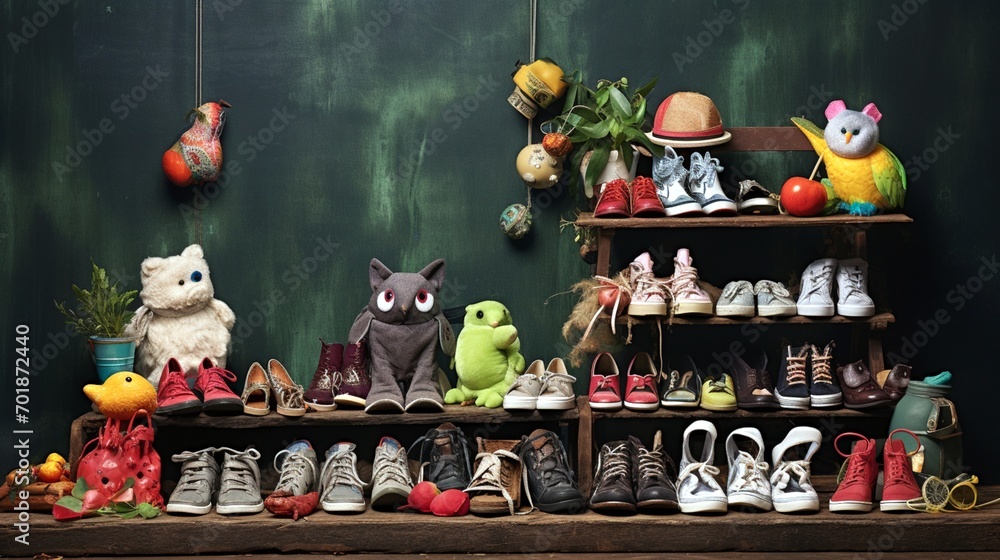 A carefully curated arrangement of kids' shoes and a diverse collection of toys, creating an enchanting tableau that sparks imagination and joy.