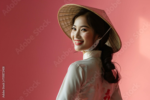 Portrait of a Vietnamese woman, Beautiful Vietnamese woman in Ao Dai, conical hat, Vietnamese woman with Traditional Attire