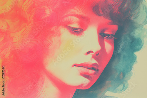 Close-up young girl with curly long hair and with brown eyes looking down, in risograph style, soft focus, retro style