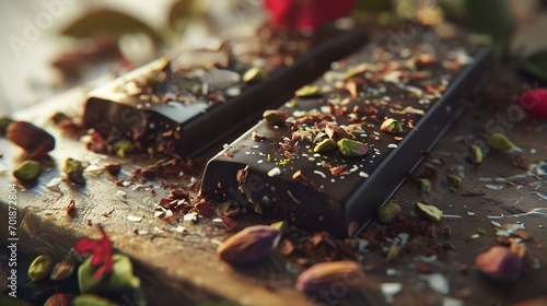 Homemade chocolate bars with pistachios and nuts, selective focus