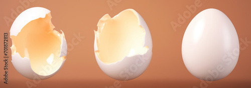 Three eggs; one intact, two cracked, on simple tan background