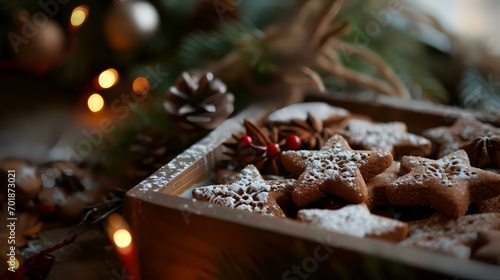 Christmas gingerbread cookies in a wooden tray on a wooden table with Christmas decorations.