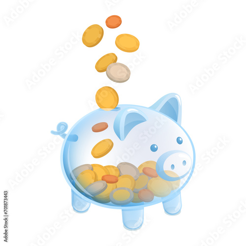 Coins falling inside a glass piggy bank