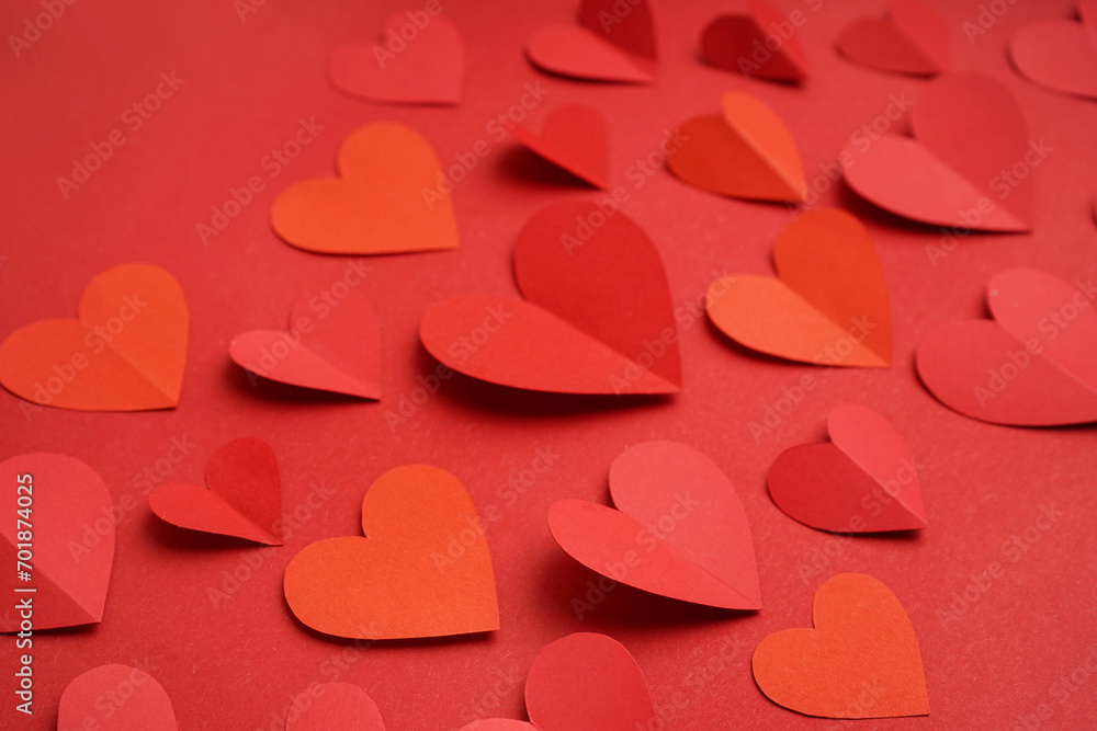 Paper hearts on red background. Valentine's Day celebration Paper hearts on red background. Valentine's Day celebration