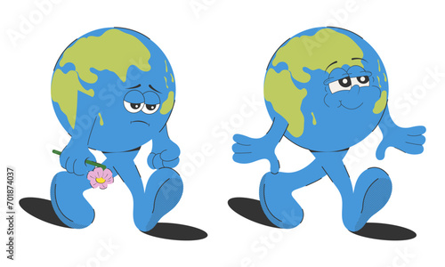 Cartoon earth with different emotions, isolated on a white background. A sad planet with a withered flower in its hand and a cheerful, joyful planet.Vector illustration. Environmental problems. photo