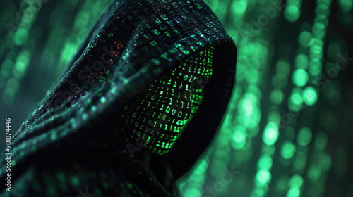 Shadowy figure in a hooded jacket standing against a backdrop of digital data code photo
