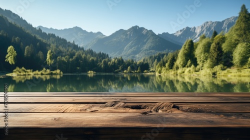 Wooden table for product presentation with beautiful green nature landscape.