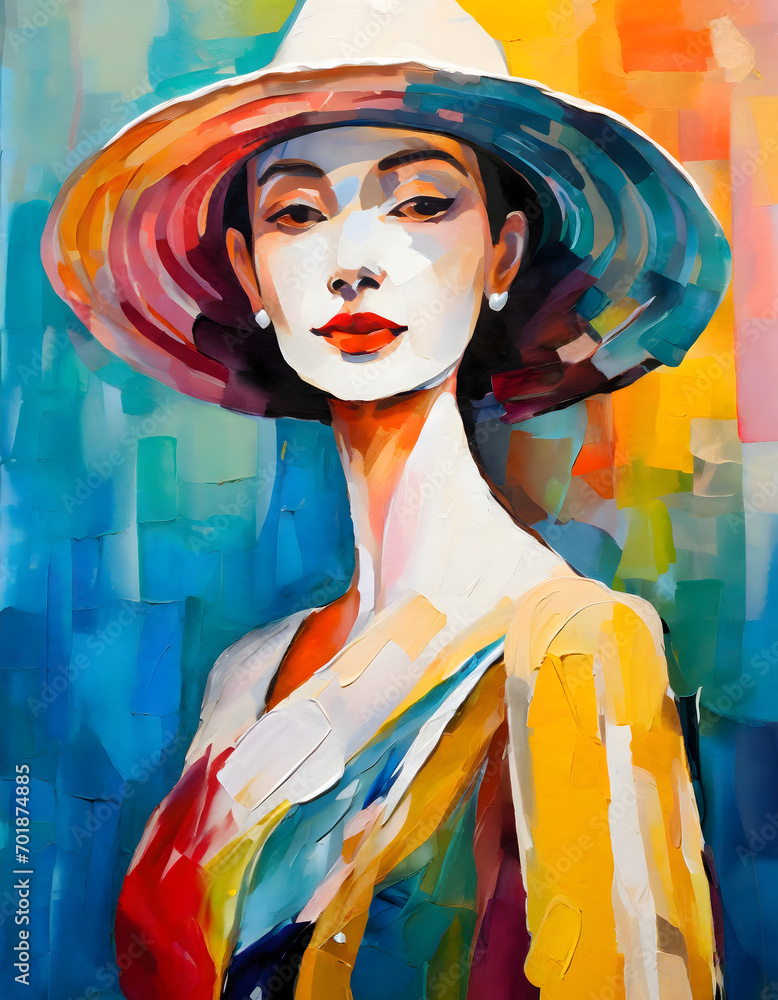 Obraz premium Portrait painting of elegant woman in stylish hat.