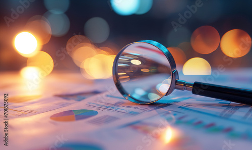 Magnifying glass and documents with analytics data lying on table, selective focus photo