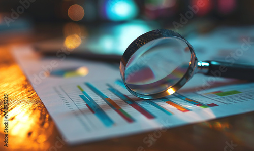 Magnifying glass and documents with analytics data lying on table, selective focus photo