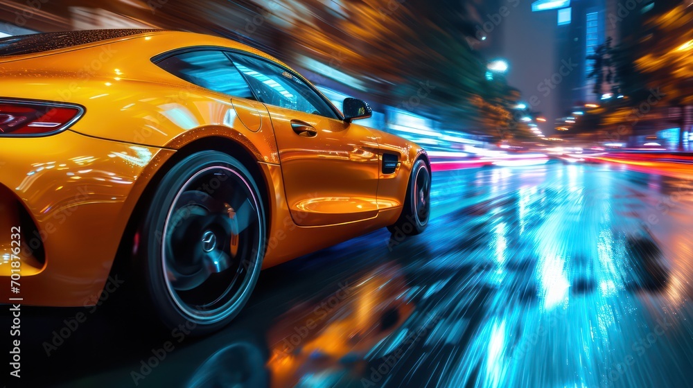 Sports car photography, motion blur, reflection, speed, cinematic