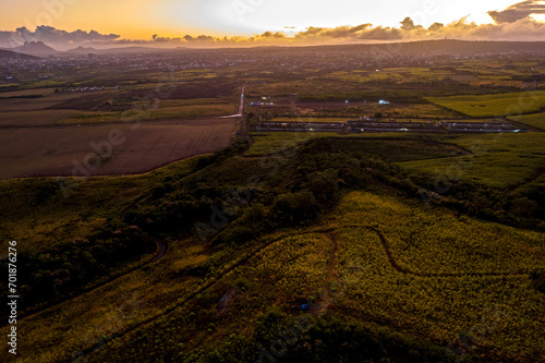 Aerial view of sunrise from a hill near Trois Mamelles mountain which is located on Mauritius island