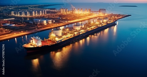 Aerial view oil tanker. Oil loading dock, Crude oil tanker lpg ngv at night. Generative AI