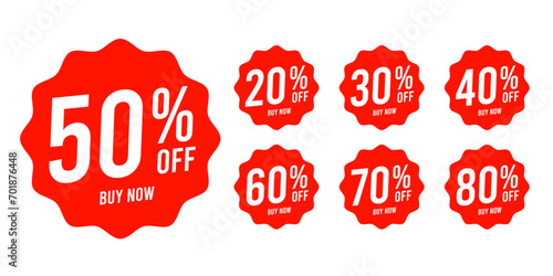 Tag sale discounts from 20, 30, 40, 50, 60, 70, 80, 90 percent. Trendy red sales promotion banner element. Vector illustration