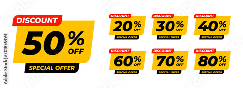 Special offer discounts starting from 20, 30, 40, 50, 60, 70, 80, 90 percent. Trendy yellow color sales promotion banner element. Vector illustration