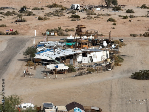 The Famous Slab City, California, where an  independent community has grown to take over the Dunlap Army Base Site looking at an Aerial Drone View of the Site. photo