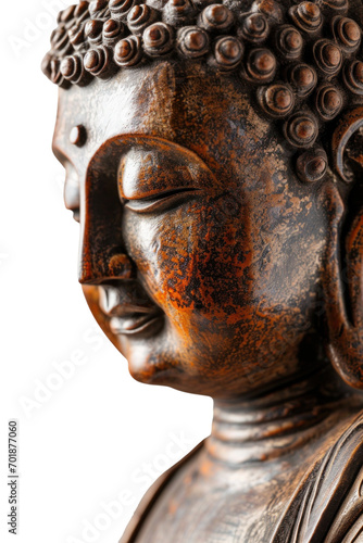 Portrait of a bronze Buddha figure, statue or sculpture, transparent or isolated on white background