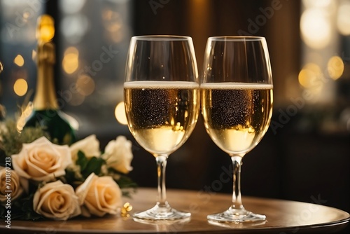 A romantic toast awaits as two glasses of champagne on a table.