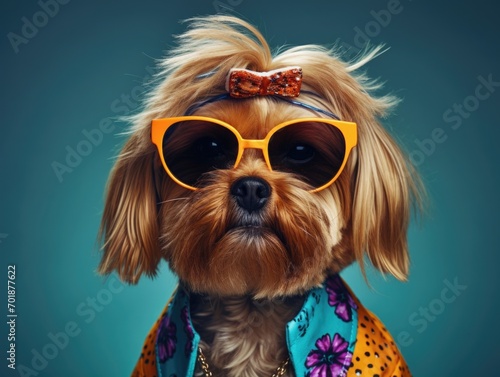 A superstar dog wearing suit and sunglasses, vibrant colors © YamunaART