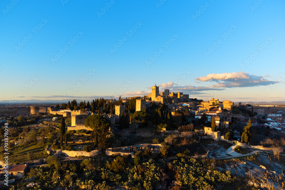 Aerial view of a scenic sunset at medieval village of Trujillo in Extremadura, Spain. High quality photography. 