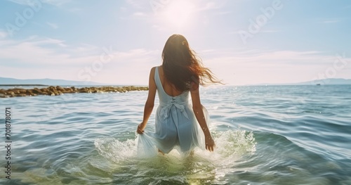 Seaside Serenity - A Woman's Joyful Dance with the Waves, Splashing Water at the Beach. Generative AI