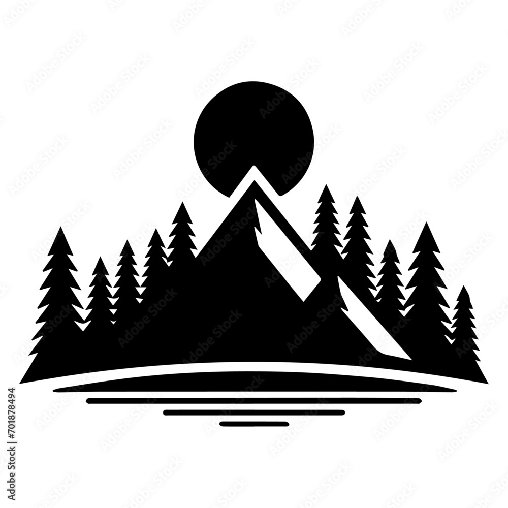 Obraz premium Mountain with tree vector logo concept silhouette, black color