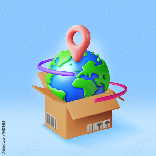 3D Planet Earth in Cardboard Box Isolated. Render Cardboard Package with Cover. Express Worldwide Delivery. Carton Delivery Packaging. Transportation and Logistics. Vector Illustration