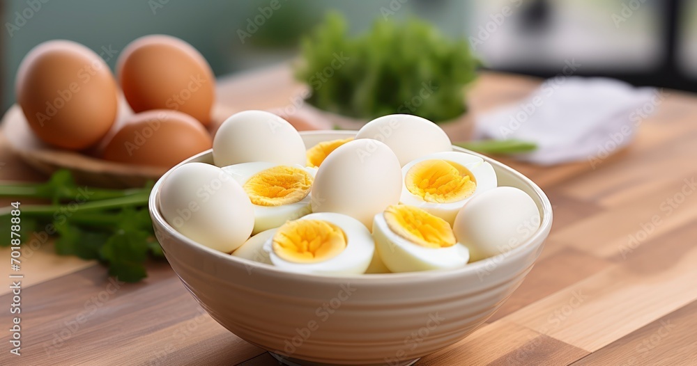 Boiled Eggs Nestled in a Bowl, Ready for Enjoyment. Generative AI Boiled Eggs Nestled in a Bowl, Ready for Enjoyment. Generative AI
