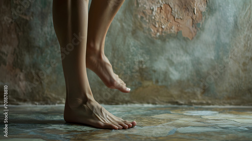a foot model, showcasing the natural elegance and unique contours of the feet. The shot captures the feet in a relaxed, yet expressive pose
