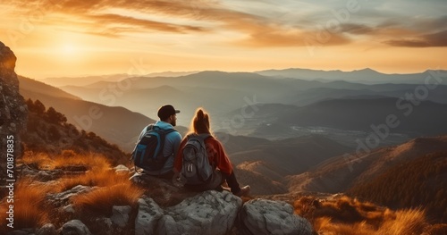 Mountain Majesty at Dusk - Male and Female Hikers Relishing the Sunset from a Rocky Vantage Point