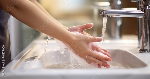 A Woman's Thorough Hand Washing Routine Captured Up Close in the Bathroom. Generative AI