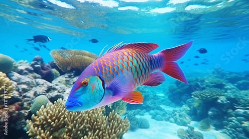A Parrotfish displaying its incredible color-changing ability, transitioning from one vibrant hue to another, set against a pristine reef background.