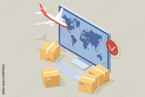 Isometric Global logistics network. On-time delivery. Interactive panel for tracking cargo online.