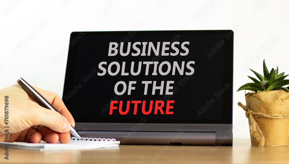 Business solutions of the future symbol. Concept words Business solutions of the future on beautiful black tablet. Beautiful white background. Business solutions of the future concept. Copy space Business solutions of the future symbol. Concept words Business solutions of the future on beautiful black tablet. Beautiful white background. Business solutions of the future concept. Copy space