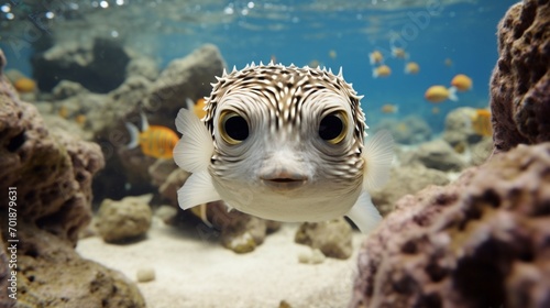 A pufferfish partially hidden among rocks, its eyes peeking out, creating a captivating underwater mystery, portrayed in exquisite