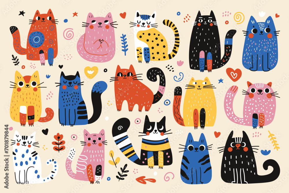 Cute doodle cats. Funny abstract cat or kitten characters different poses, flat colored naive art, simple hand drawn style. Vector set Cute doodle cats. Funny abstract cat or kitten characters different poses, flat colored naive art, simple hand drawn style. Vector set