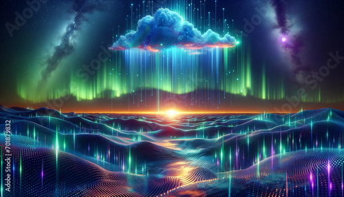 Surreal Cloud Service Models  Translucent clouds in a digital sky with aurora borealis and reflective landscape.