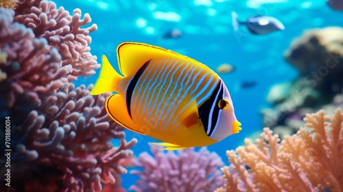 A Regal Angelfish (Pygoplites diacanthus) gracefully swimming through a vibrant coral reef in full ultra HD. photo