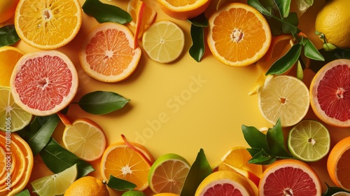 A bright array of sliced citrus fruit on yellow background creates a frame for a healthy message.