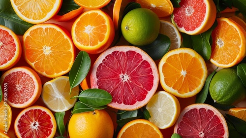 Vivid spread of various citrus fruits with leaves, top view.