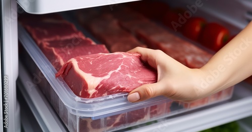 A Detailed Closeup of a Woman Skillfully Storing Raw Meat in a Refrigerator. Generative AI