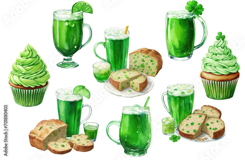 watercolor illustration, green beer, irish soda bread, St. Patricks Day treats, isolated on a white background