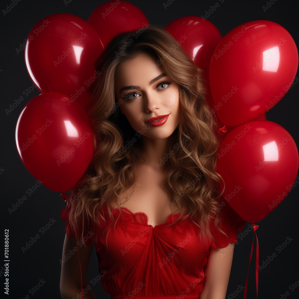 Beautiful young woman with red balloons. Woman celebration party with red balloons, studio photo Beautiful young woman with red balloons. Woman celebration party with red balloons, studio photo