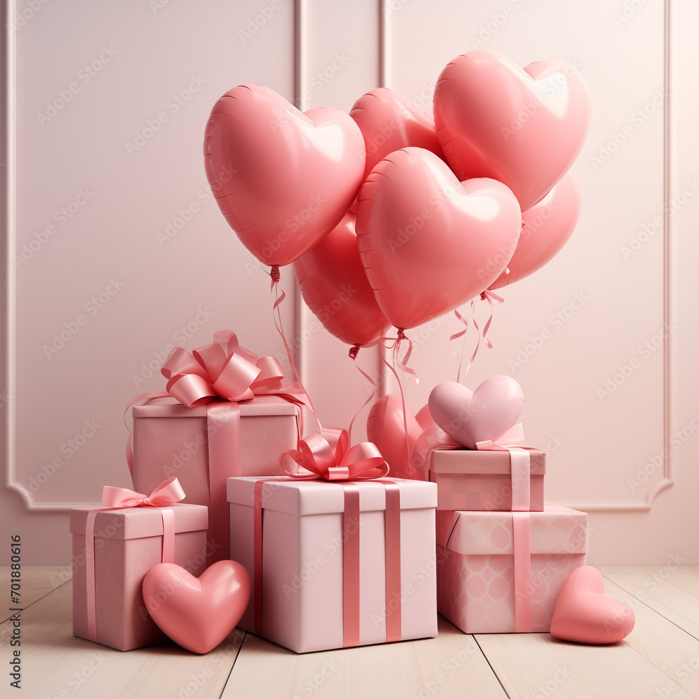 Set of heart-shaped balloons and gift boxes. Perfect for Valentine's Day, weddings, and sales. 