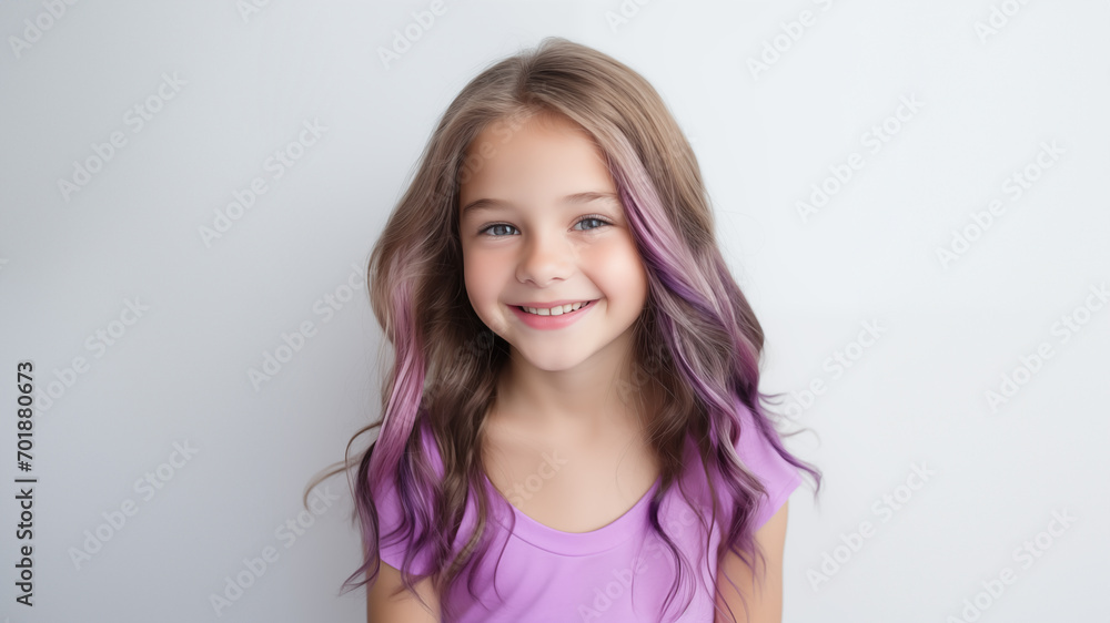 Happy girl with purple ends on the hair against white studio background