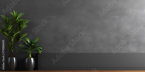 Empty shelf on a grey wall. background template scene. square banner, Dark empty interior room with concrete or plaster wall texture, wooden plank floor, generative AI   © imran