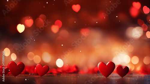 Beautiful background with red hearts, lights, sparkles and bokeh. Valentine's Day card. Heart shaped bokeh Valentines background
