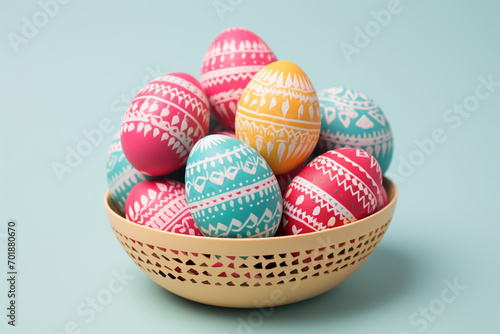 On light blue background, plastic basket with colorful easter eggs