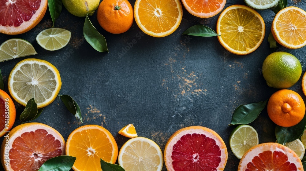 Frame with empty middle made out of varied citrus fruits with fresh leaves on a dark backdrop. Frame with empty middle made out of varied citrus fruits with fresh leaves on a dark backdrop.